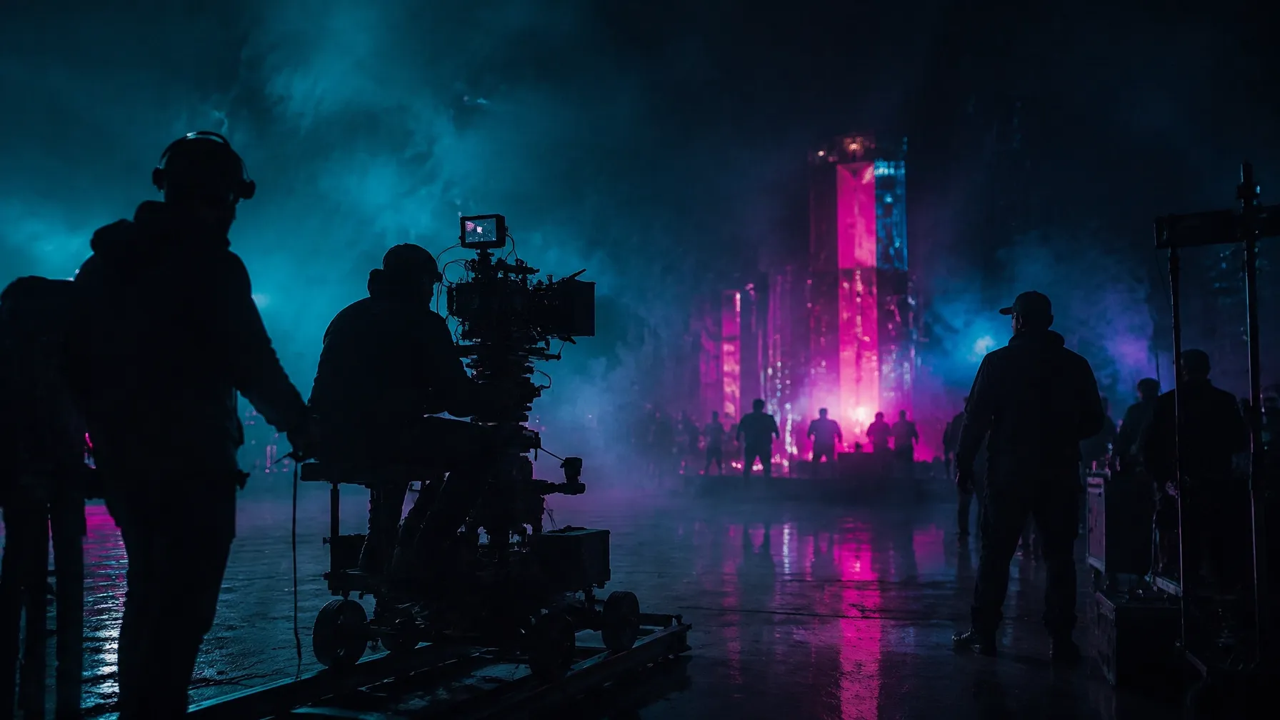 Film production crew at work on a night set