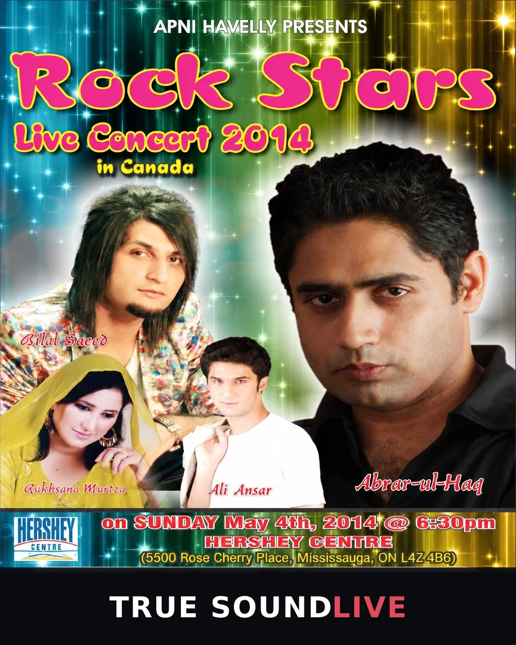 Rock Stars live concert in Canada 2014 poster featuring Abrar-ul-Haq, Ali Ansar, Rukhsana Murtza and Bilal Saeed