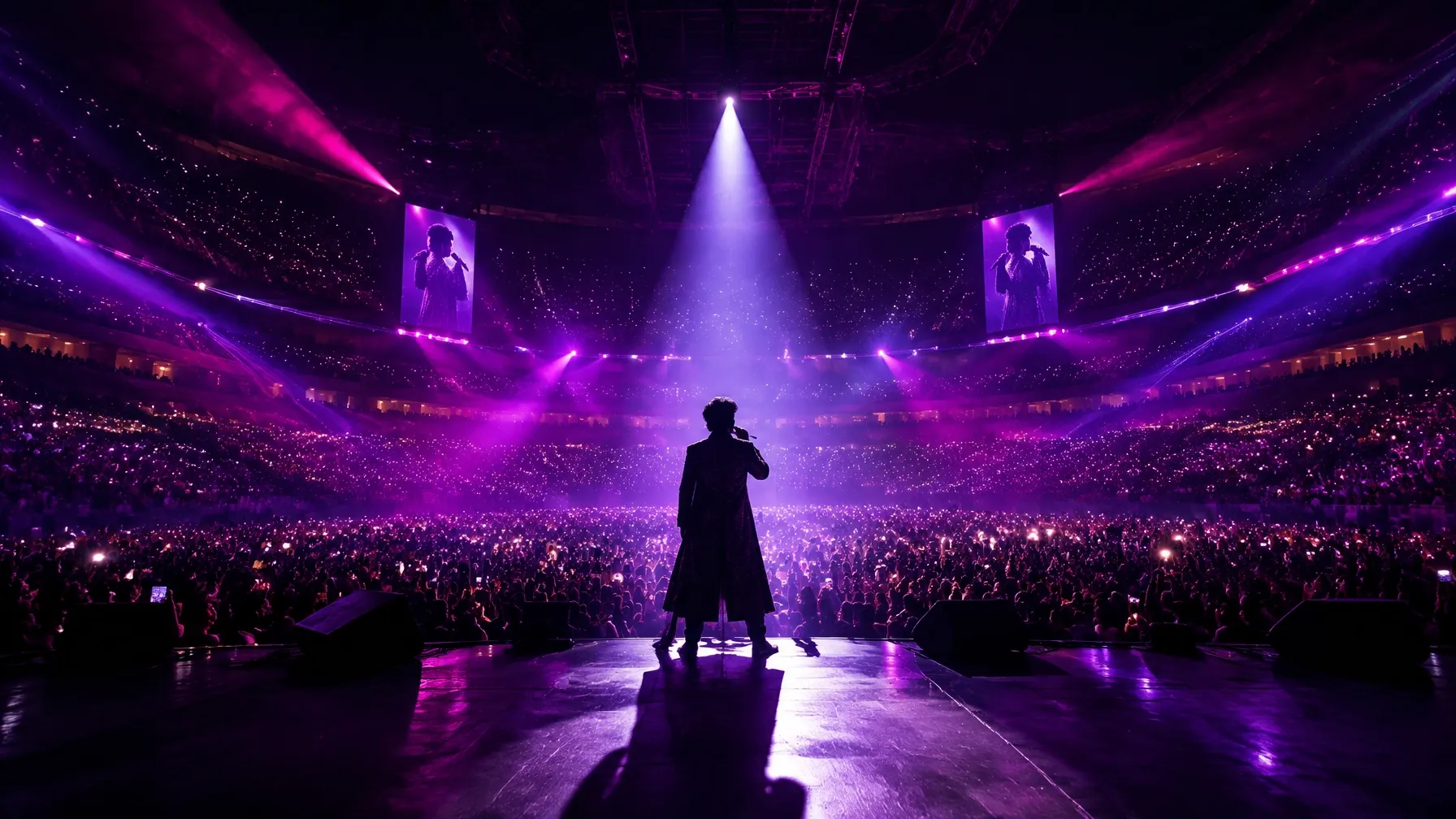 A live performer facing a packed arena